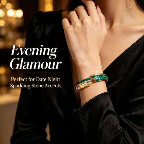 Green Malachite Inlay Gold Open Cuff Bangle Bracelet, Diamond Paved Snake Head Statement Wrist Jewelry, Vintage Crocodile Textured Inner Band Bracelet, Daily Office Wedding Evening Statement Accessory, Gift Jewelry For Birthday Anniversary