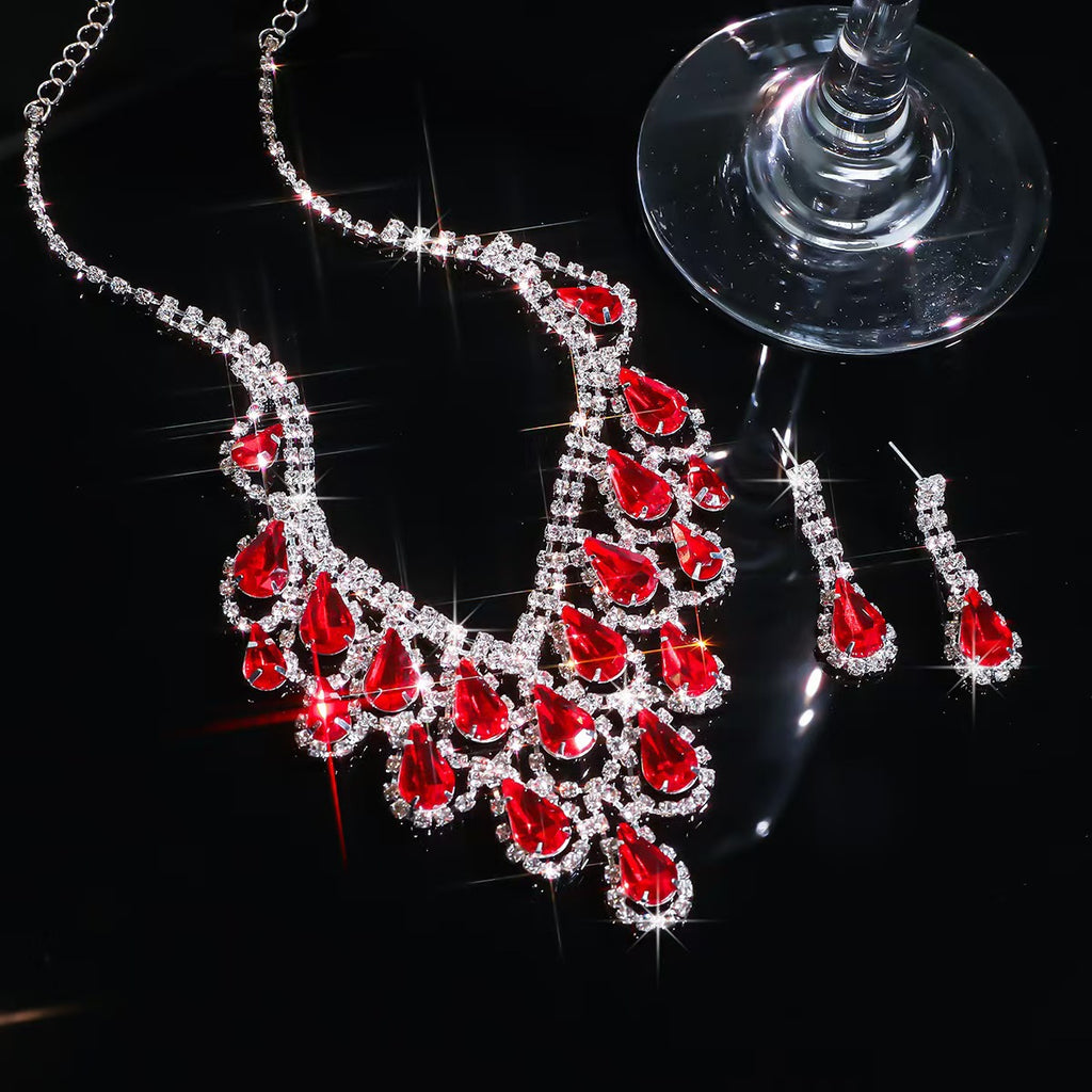 Women Luxury Red Teardrop Crystal Rhinestone Jewelry Set, Sparkling Statement Bib Necklace Long Drop Dangle Earrings for Wedding Bridal Prom Evening Party Pageant Gala Formal Occasions