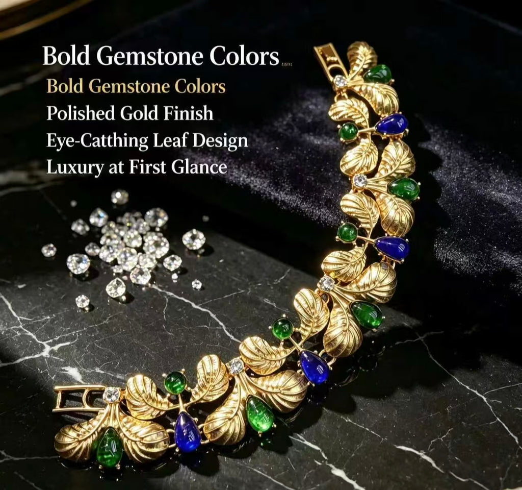 Vintage Sculpted Textured Gold Leaf Branch Statement Bracelet For Women, Emerald Green Teardrop & Round Cabochon Royal Blue Pear Crystal Rhinestone Botanical Link Luxury Formal Wedding Party Jewelry Gift