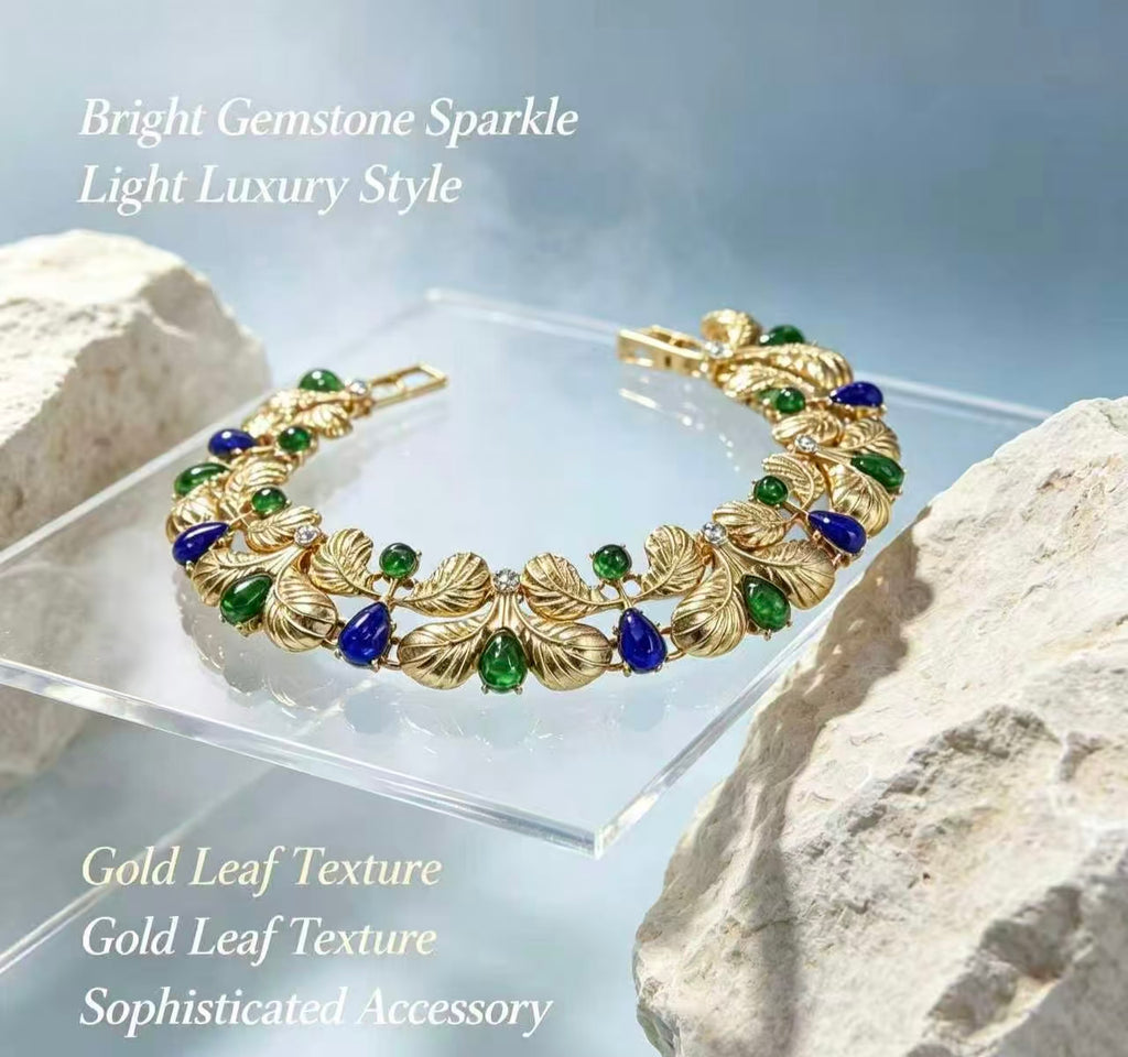 Vintage Sculpted Textured Gold Leaf Branch Statement Bracelet For Women, Emerald Green Teardrop & Round Cabochon Royal Blue Pear Crystal Rhinestone Botanical Link Luxury Formal Wedding Party Jewelry Gift