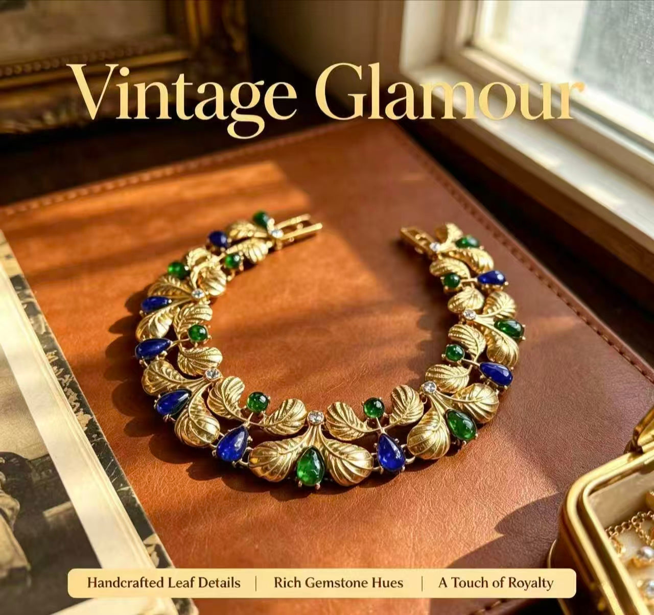 Vintage Sculpted Textured Gold Leaf Branch Statement Bracelet For Women, Emerald Green Teardrop & Round Cabochon Royal Blue Pear Crystal Rhinestone Botanical Link Luxury Formal Wedding Party Jewelry Gift