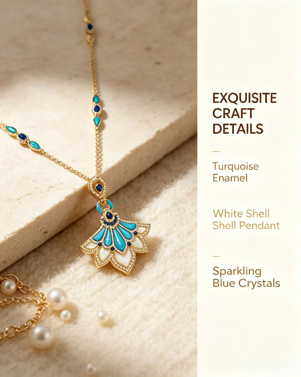 Luxury Retro Peacock Fan Shape Long Sweater Chain 14K Gold Plated Inlaid Natural Turquoise White Mother Of Pearl & Blue Gemstone Diamond Statement Pendant Elegant Women Long Necklace For Autumn Winter Outfit