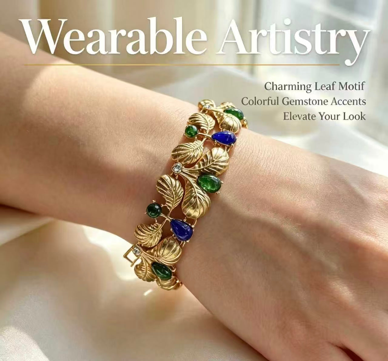 Vintage Sculpted Textured Gold Leaf Branch Statement Bracelet For Women, Emerald Green Teardrop & Round Cabochon Royal Blue Pear Crystal Rhinestone Botanical Link Luxury Formal Wedding Party Jewelry Gift