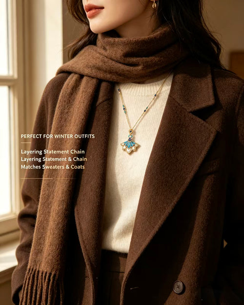 Luxury Retro Peacock Fan Shape Long Sweater Chain 14K Gold Plated Inlaid Natural Turquoise White Mother Of Pearl & Blue Gemstone Diamond Statement Pendant Elegant Women Long Necklace For Autumn Winter Outfit