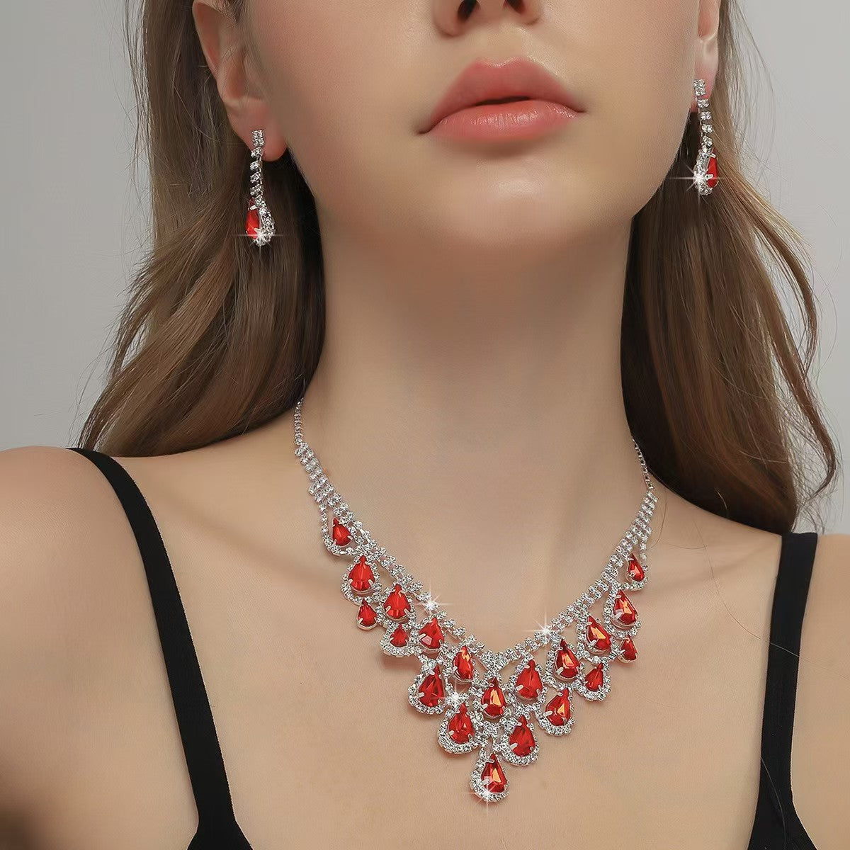Women Luxury Red Teardrop Crystal Rhinestone Jewelry Set, Sparkling Statement Bib Necklace Long Drop Dangle Earrings for Wedding Bridal Prom Evening Party Pageant Gala Formal Occasions