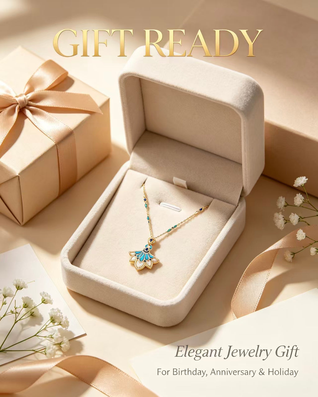 Luxury Retro Peacock Fan Shape Long Sweater Chain 14K Gold Plated Inlaid Natural Turquoise White Mother Of Pearl & Blue Gemstone Diamond Statement Pendant Elegant Women Long Necklace For Autumn Winter Outfit