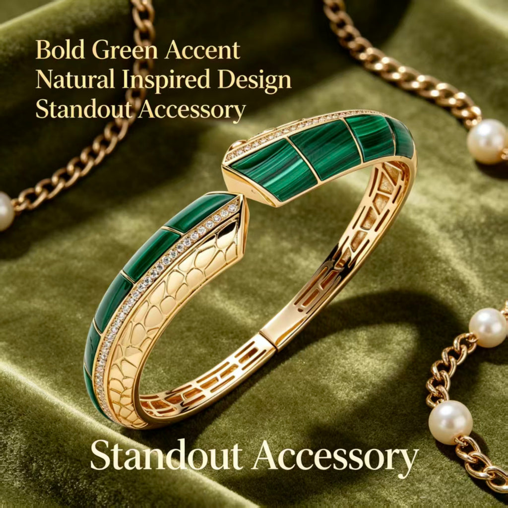 Green Malachite Inlay Gold Open Cuff Bangle Bracelet, Diamond Paved Snake Head Statement Wrist Jewelry, Vintage Crocodile Textured Inner Band Bracelet, Daily Office Wedding Evening Statement Accessory, Gift Jewelry For Birthday Anniversary