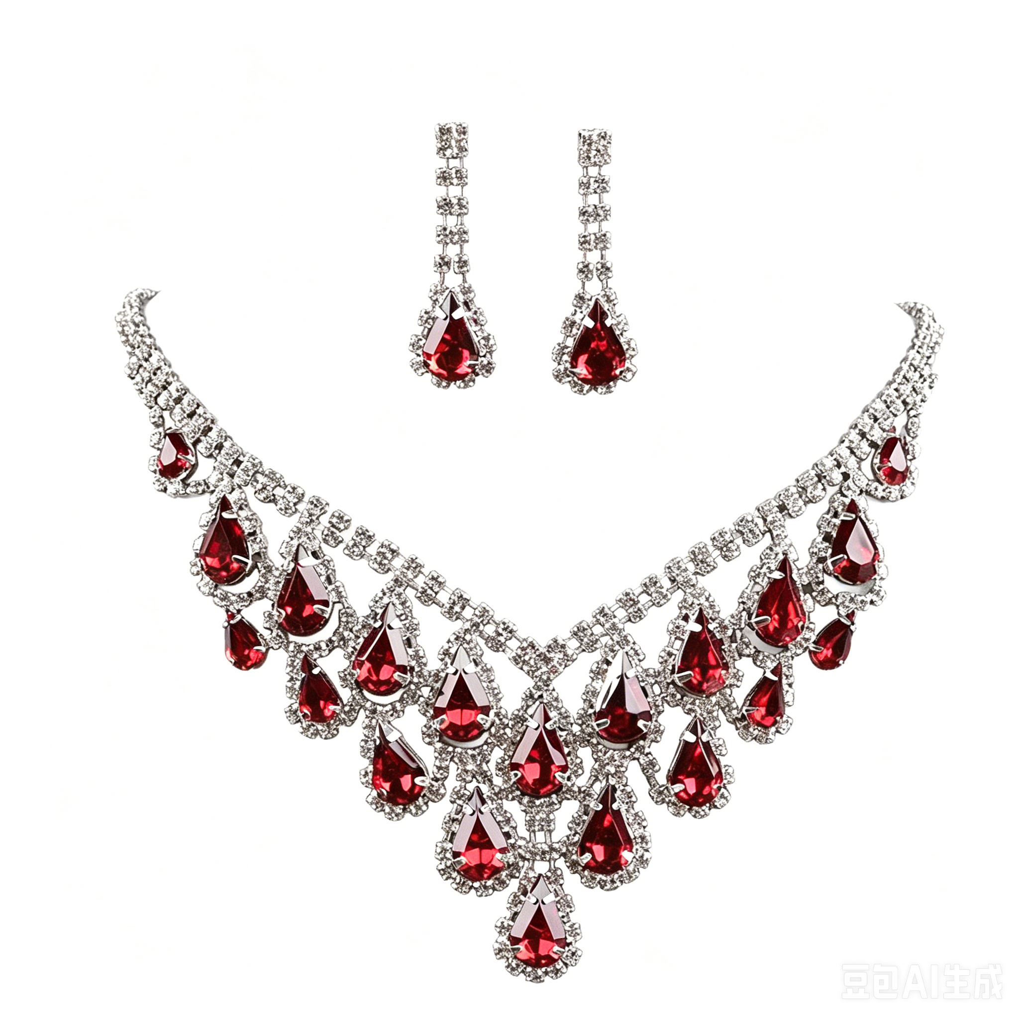 Women Luxury Red Teardrop Crystal Rhinestone Jewelry Set, Sparkling Statement Bib Necklace Long Drop Dangle Earrings for Wedding Bridal Prom Evening Party Pageant Gala Formal Occasions