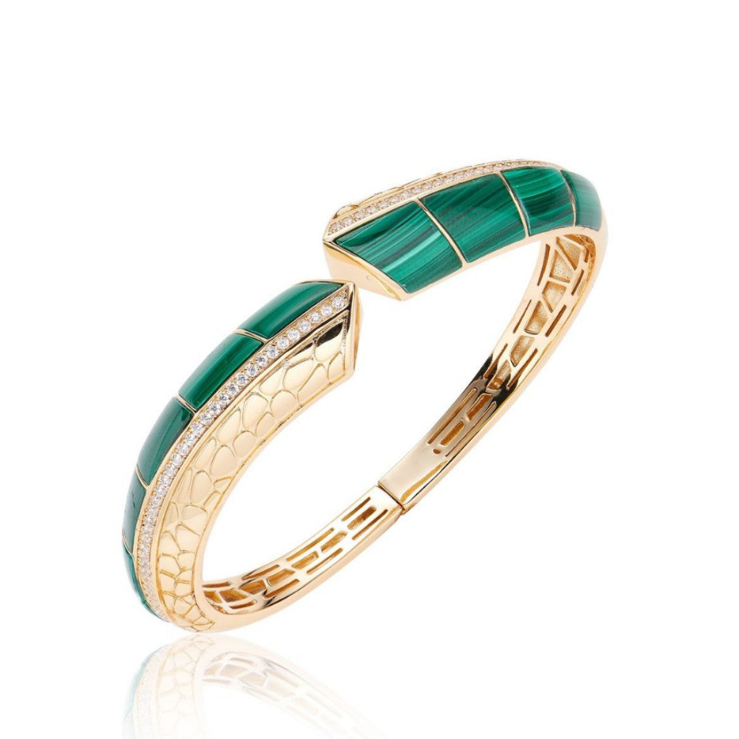 Green Malachite Inlay Gold Open Cuff Bangle Bracelet, Diamond Paved Snake Head Statement Wrist Jewelry, Vintage Crocodile Textured Inner Band Bracelet, Daily Office Wedding Evening Statement Accessory, Gift Jewelry For Birthday Anniversary