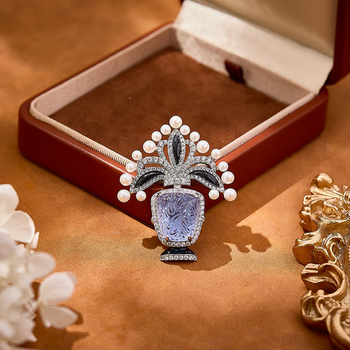 Luxury Vase Shape Brooch Hand Carved Blue Aquamarine Crystal Statement Pin, White Pearl & Black Enamel Diamond Inlaid Silver Tone Designer Brooch, Elegant Floral Vase Jewelry Accessory for Women Wedding Party Formal Outfit Gift