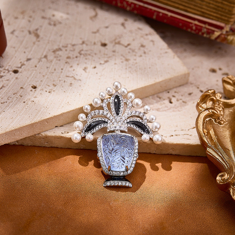 Luxury Vase Shape Brooch Hand Carved Blue Aquamarine Crystal Statement Pin, White Pearl & Black Enamel Diamond Inlaid Silver Tone Designer Brooch, Elegant Floral Vase Jewelry Accessory for Women Wedding Party Formal Outfit Gift