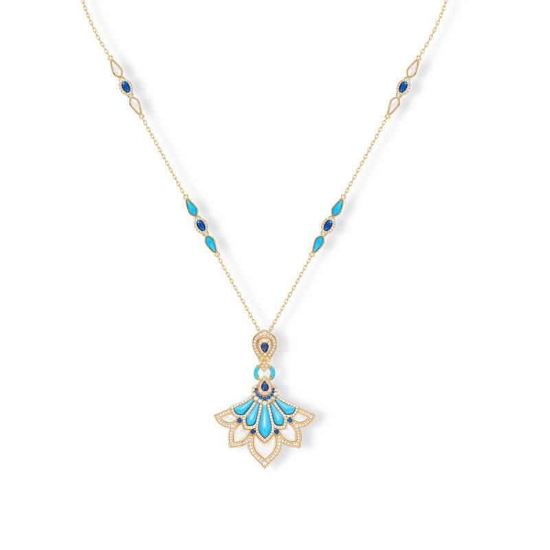 Luxury Retro Peacock Fan Shape Long Sweater Chain 14K Gold Plated Inlaid Natural Turquoise White Mother Of Pearl & Blue Gemstone Diamond Statement Pendant Elegant Women Long Necklace For Autumn Winter Outfit