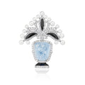 Luxury Vase Shape Brooch Hand Carved Blue Aquamarine Crystal Statement Pin, White Pearl & Black Enamel Diamond Inlaid Silver Tone Designer Brooch, Elegant Floral Vase Jewelry Accessory for Women Wedding Party Formal Outfit Gift