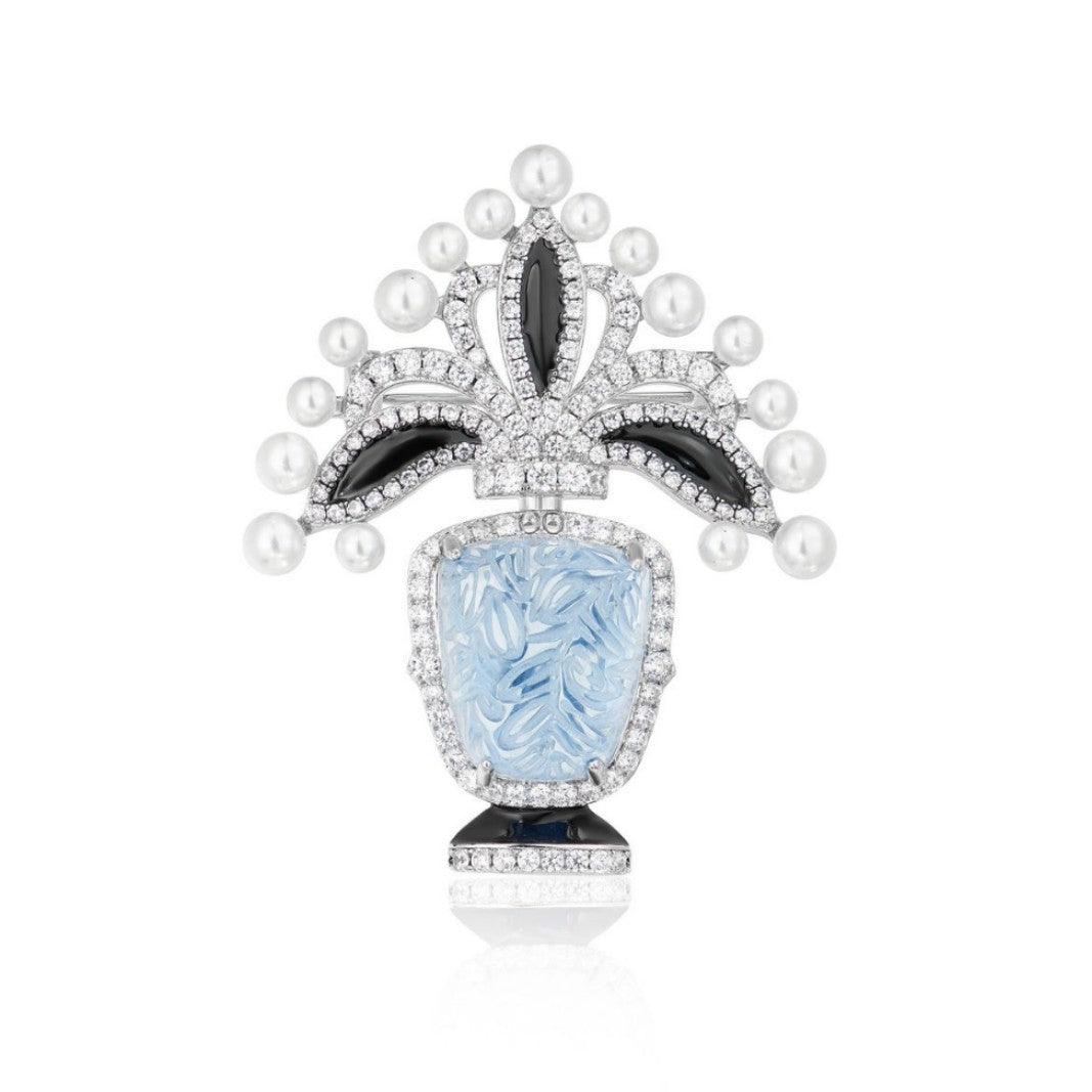 Luxury Vase Shape Brooch Hand Carved Blue Aquamarine Crystal Statement Pin, White Pearl & Black Enamel Diamond Inlaid Silver Tone Designer Brooch, Elegant Floral Vase Jewelry Accessory for Women Wedding Party Formal Outfit Gift