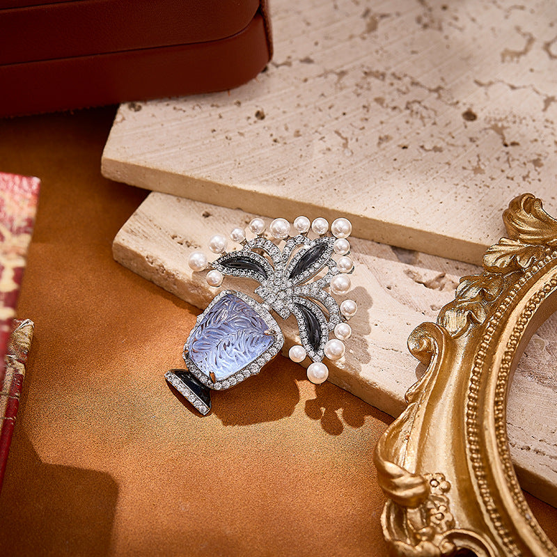 Luxury Vase Shape Brooch Hand Carved Blue Aquamarine Crystal Statement Pin, White Pearl & Black Enamel Diamond Inlaid Silver Tone Designer Brooch, Elegant Floral Vase Jewelry Accessory for Women Wedding Party Formal Outfit Gift