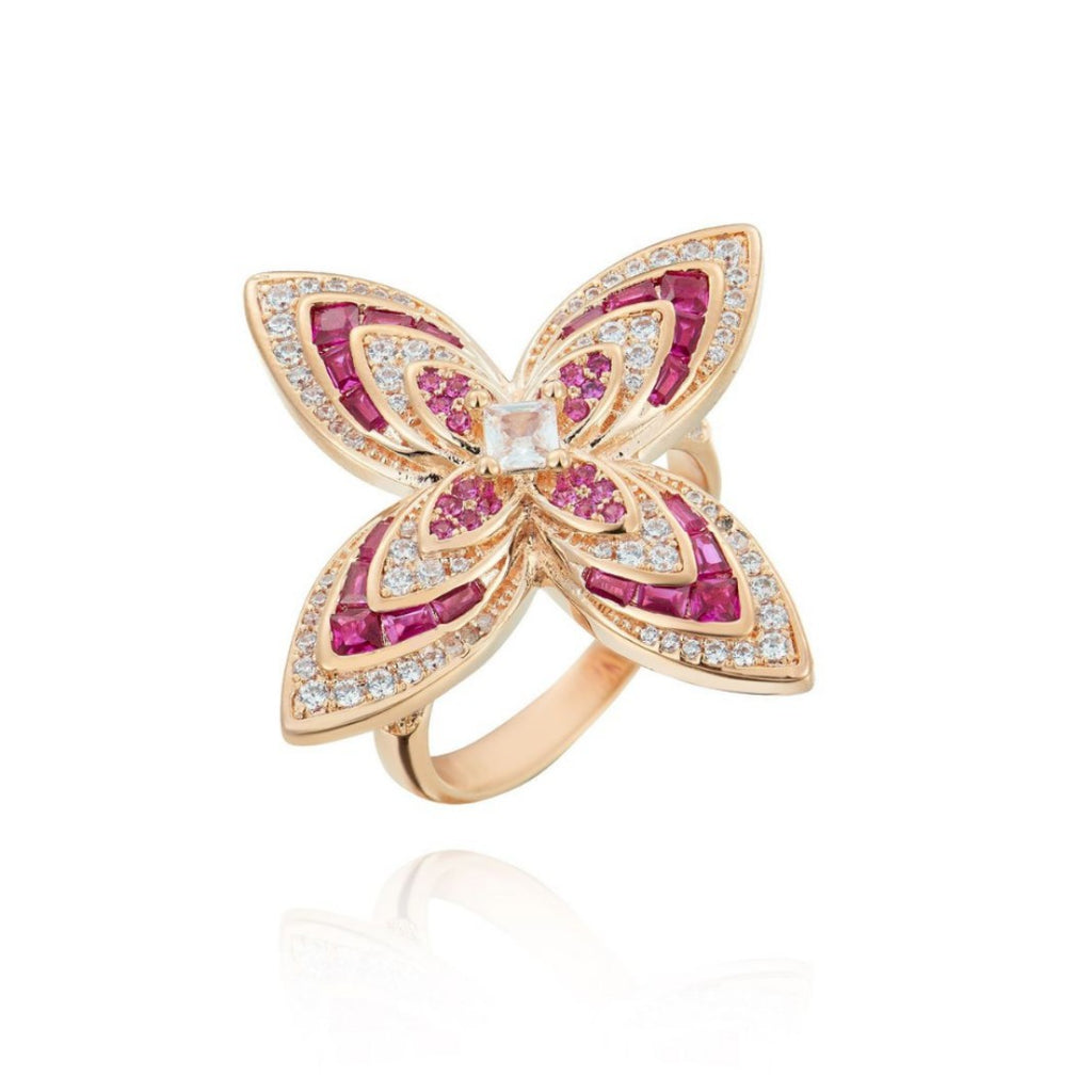 Four-Leaf Clover Flower Statement Ring, Rose Gold Tone Large Floral Ring Inlaid Square Clear Crystal, Baguette Cut Pink Ruby & Round White Cubic Zirconia Pave, Oversized Floral Jewelry Ring for Women Wedding Banquet Party