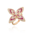 Four-Leaf Clover Flower Statement Ring, Rose Gold Tone Large Floral Ring Inlaid Square Clear Crystal, Baguette Cut Pink Ruby & Round White Cubic Zirconia Pave, Oversized Floral Jewelry Ring for Women Wedding Banquet Party