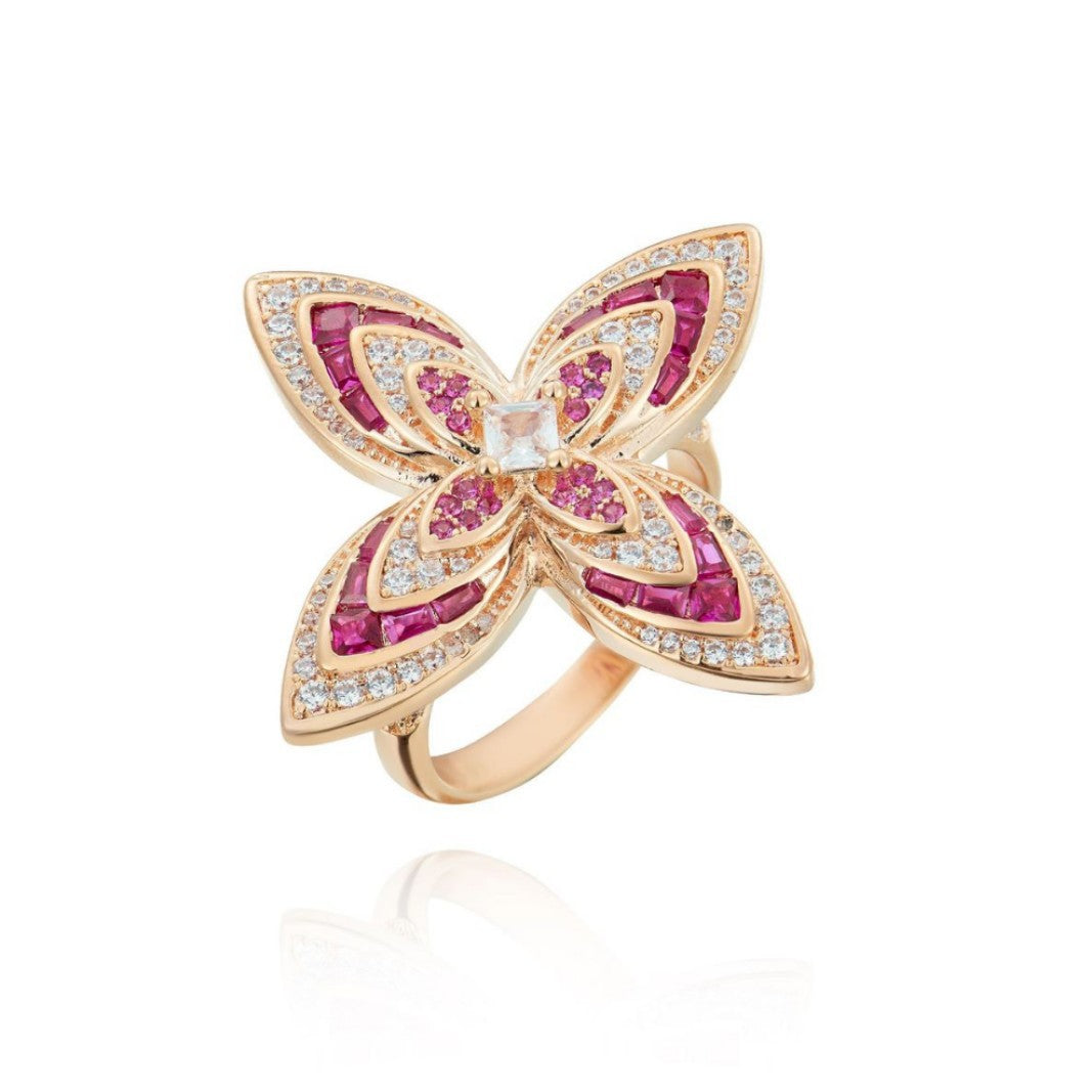 Four-Leaf Clover Flower Statement Ring, Rose Gold Tone Large Floral Ring Inlaid Square Clear Crystal, Baguette Cut Pink Ruby & Round White Cubic Zirconia Pave, Oversized Floral Jewelry Ring for Women Wedding Banquet Party