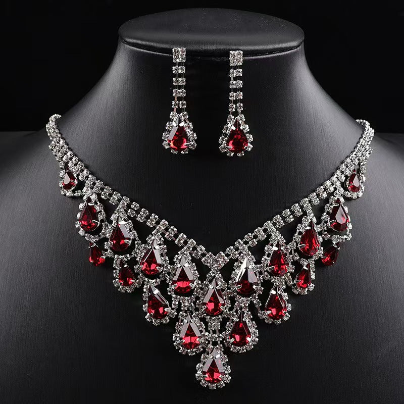 Women Luxury Red Teardrop Crystal Rhinestone Jewelry Set, Sparkling Statement Bib Necklace Long Drop Dangle Earrings for Wedding Bridal Prom Evening Party Pageant Gala Formal Occasions