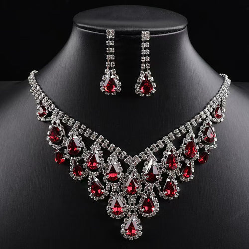 Women Luxury Red Teardrop Crystal Rhinestone Jewelry Set, Sparkling Statement Bib Necklace Long Drop Dangle Earrings for Wedding Bridal Prom Evening Party Pageant Gala Formal Occasions