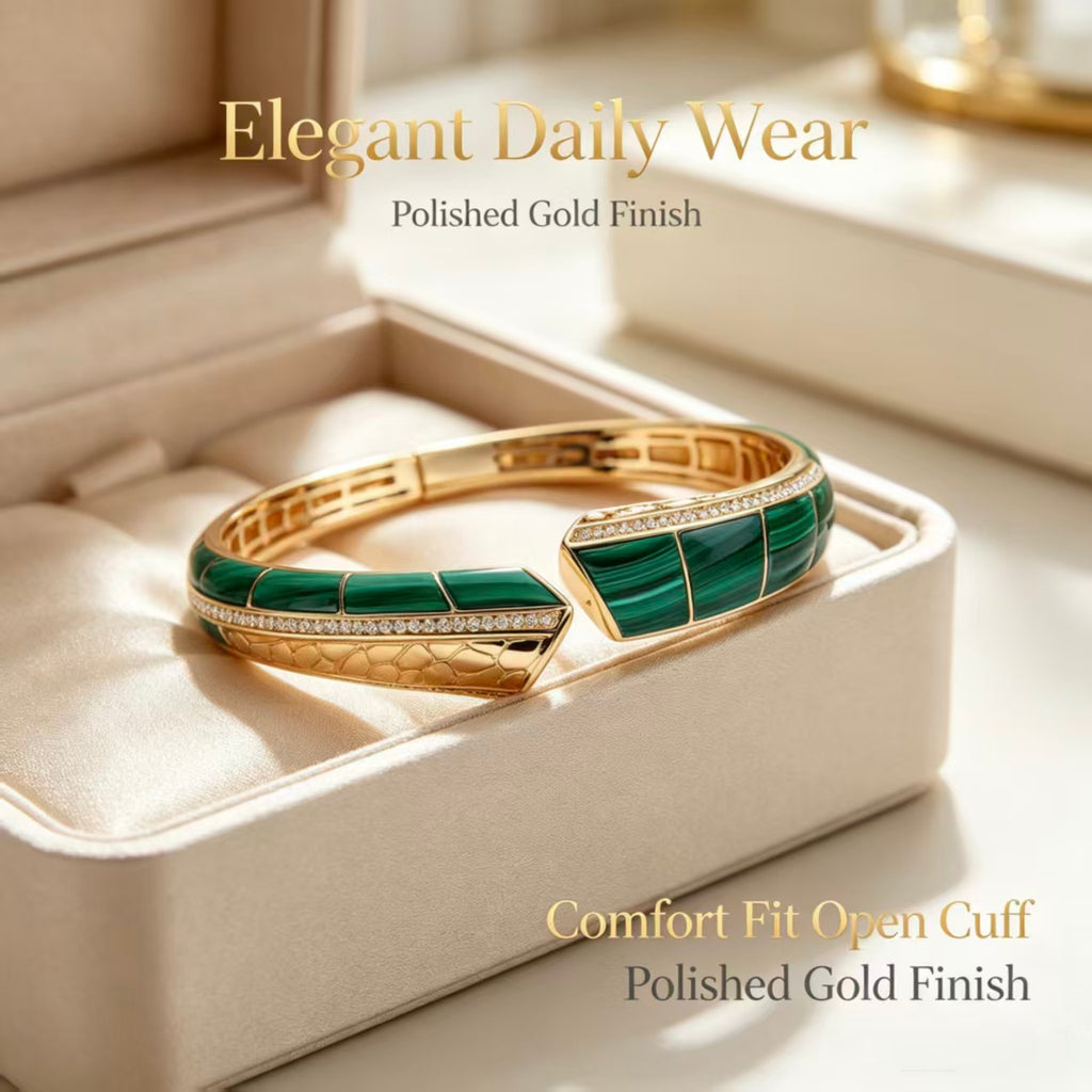 Green Malachite Inlay Gold Open Cuff Bangle Bracelet, Diamond Paved Snake Head Statement Wrist Jewelry, Vintage Crocodile Textured Inner Band Bracelet, Daily Office Wedding Evening Statement Accessory, Gift Jewelry For Birthday Anniversary