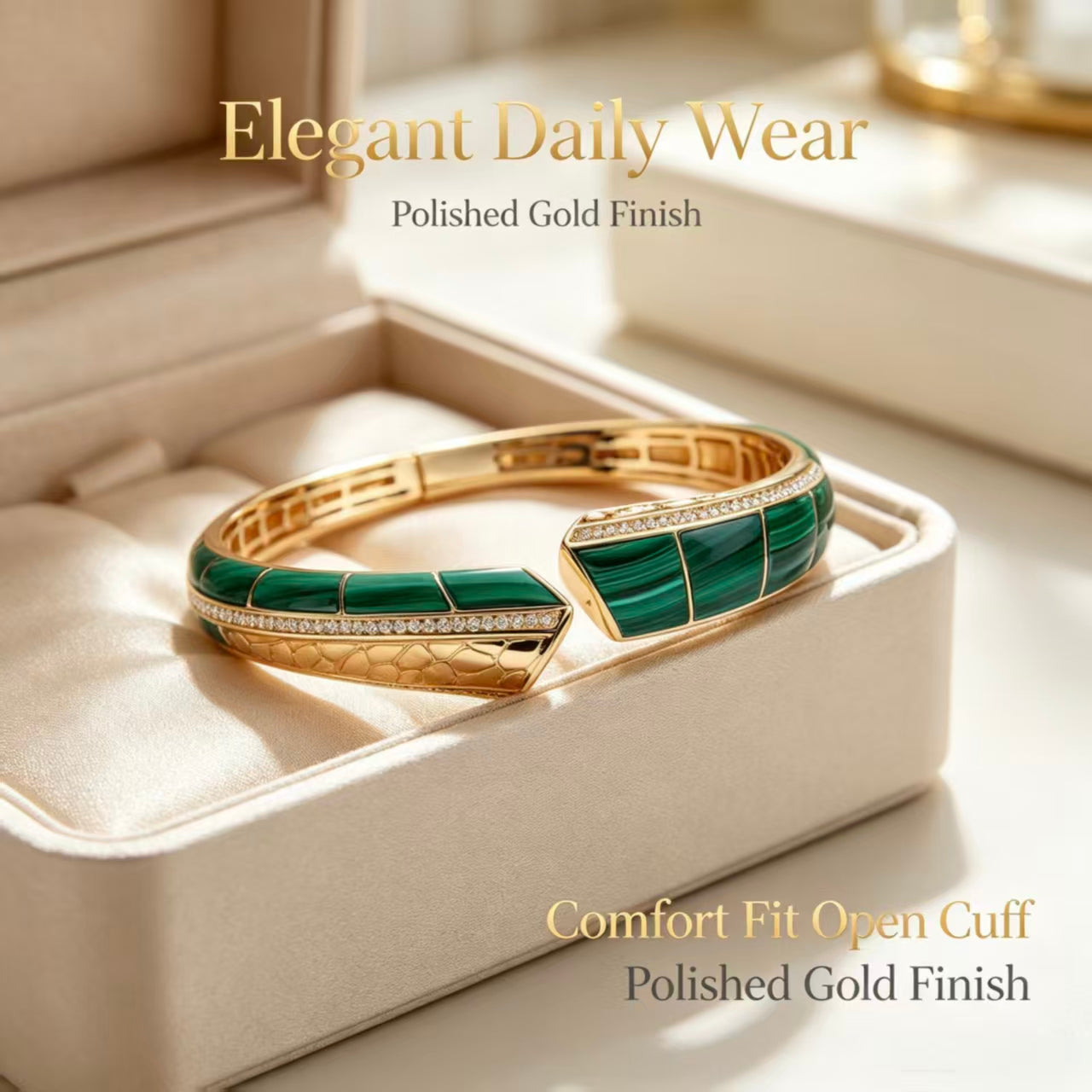 Green Malachite Inlay Gold Open Cuff Bangle Bracelet, Diamond Paved Snake Head Statement Wrist Jewelry, Vintage Crocodile Textured Inner Band Bracelet, Daily Office Wedding Evening Statement Accessory, Gift Jewelry For Birthday Anniversary