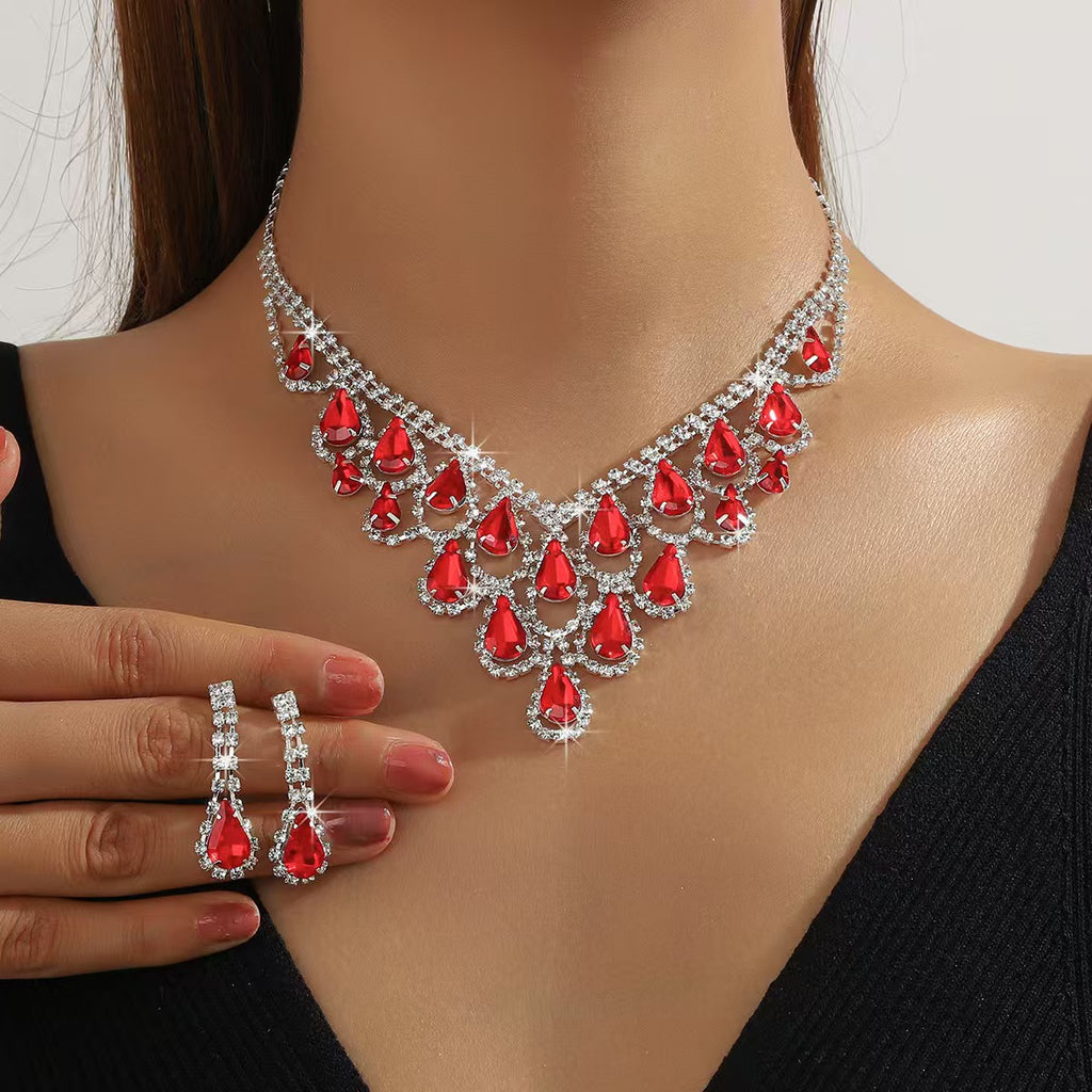 Women Luxury Red Teardrop Crystal Rhinestone Jewelry Set, Sparkling Statement Bib Necklace Long Drop Dangle Earrings for Wedding Bridal Prom Evening Party Pageant Gala Formal Occasions