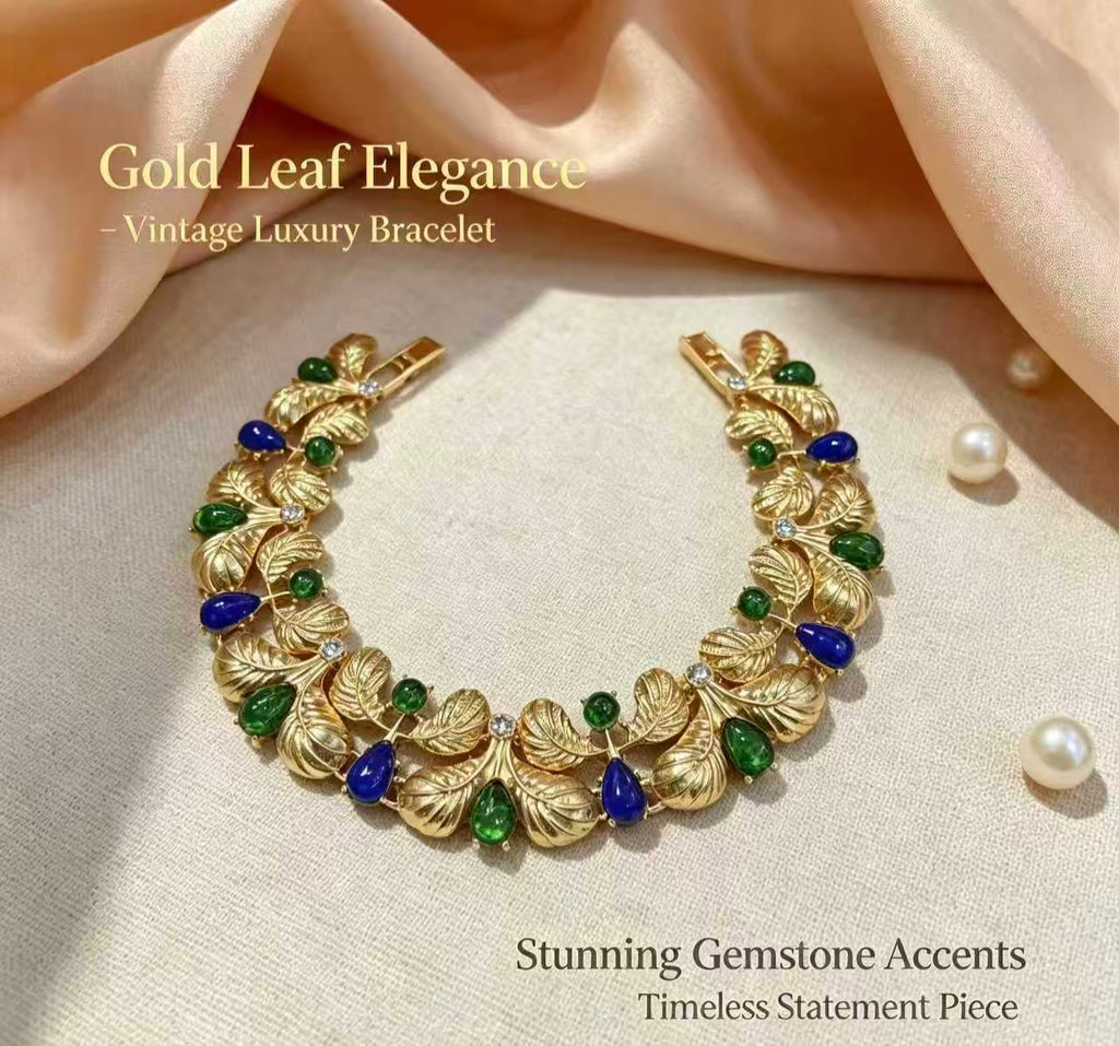 Vintage Sculpted Textured Gold Leaf Branch Statement Bracelet For Women, Emerald Green Teardrop & Round Cabochon Royal Blue Pear Crystal Rhinestone Botanical Link Luxury Formal Wedding Party Jewelry Gift