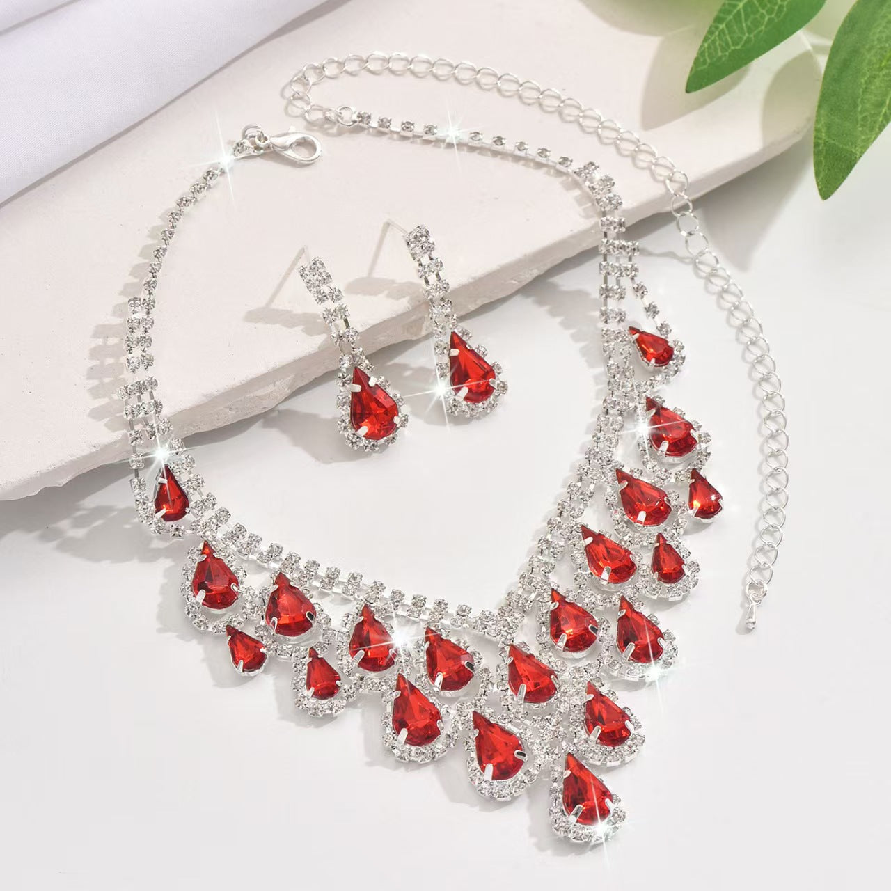 Women Luxury Red Teardrop Crystal Rhinestone Jewelry Set, Sparkling Statement Bib Necklace Long Drop Dangle Earrings for Wedding Bridal Prom Evening Party Pageant Gala Formal Occasions
