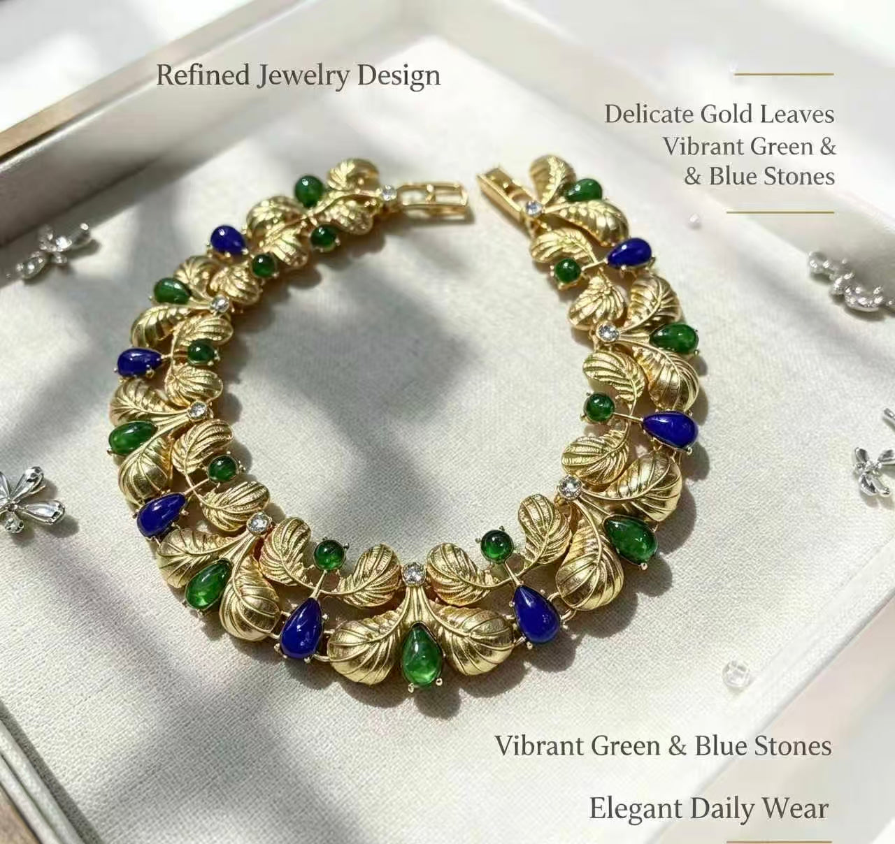 Vintage Sculpted Textured Gold Leaf Branch Statement Bracelet For Women, Emerald Green Teardrop & Round Cabochon Royal Blue Pear Crystal Rhinestone Botanical Link Luxury Formal Wedding Party Jewelry Gift
