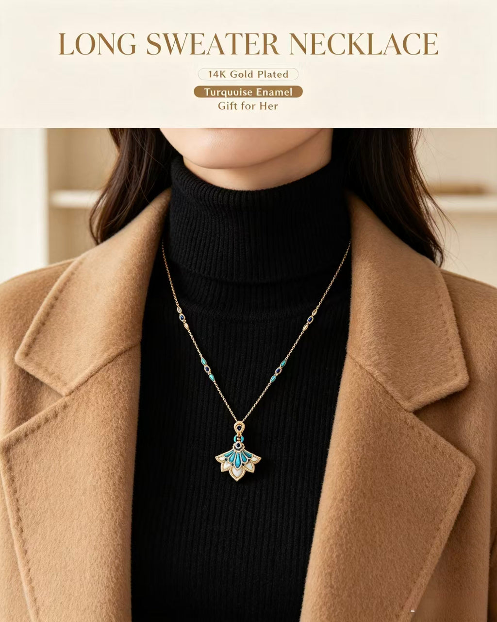 Luxury Retro Peacock Fan Shape Long Sweater Chain 14K Gold Plated Inlaid Natural Turquoise White Mother Of Pearl & Blue Gemstone Diamond Statement Pendant Elegant Women Long Necklace For Autumn Winter Outfit