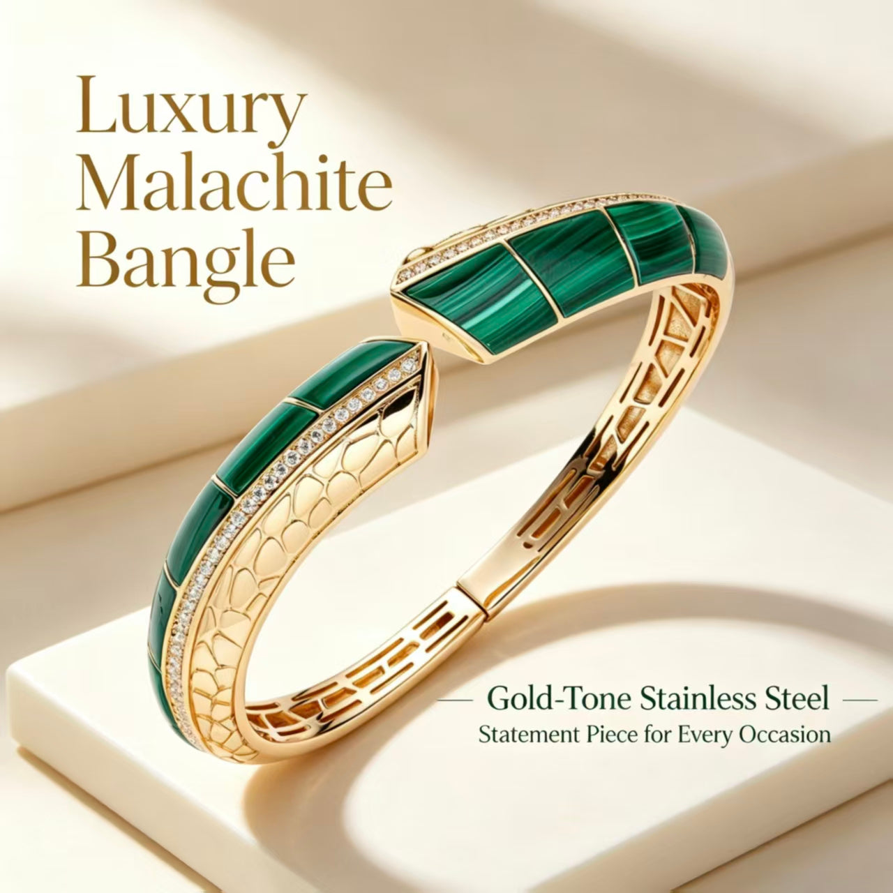 Green Malachite Inlay Gold Open Cuff Bangle Bracelet, Diamond Paved Snake Head Statement Wrist Jewelry, Vintage Crocodile Textured Inner Band Bracelet, Daily Office Wedding Evening Statement Accessory, Gift Jewelry For Birthday Anniversary