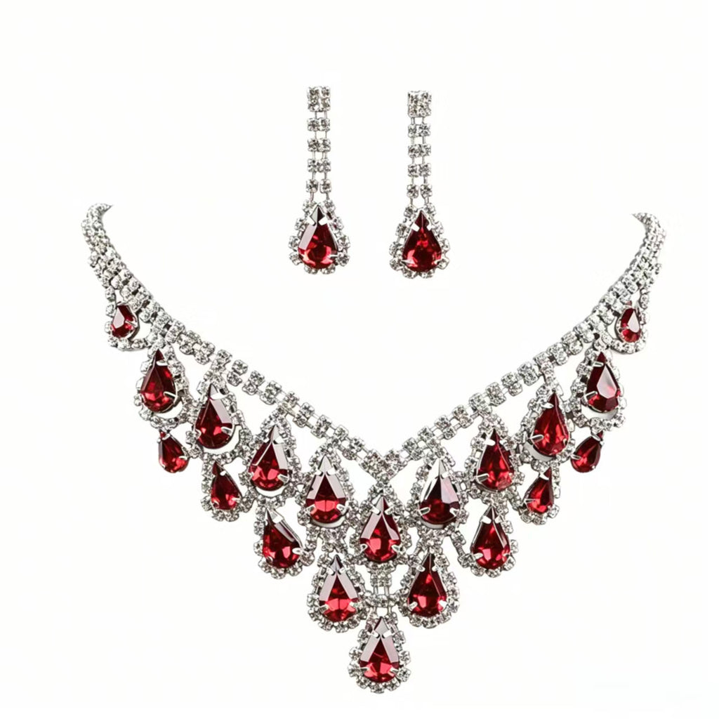 Women Luxury Red Teardrop Crystal Rhinestone Jewelry Set, Sparkling Statement Bib Necklace Long Drop Dangle Earrings for Wedding Bridal Prom Evening Party Pageant Gala Formal Occasions