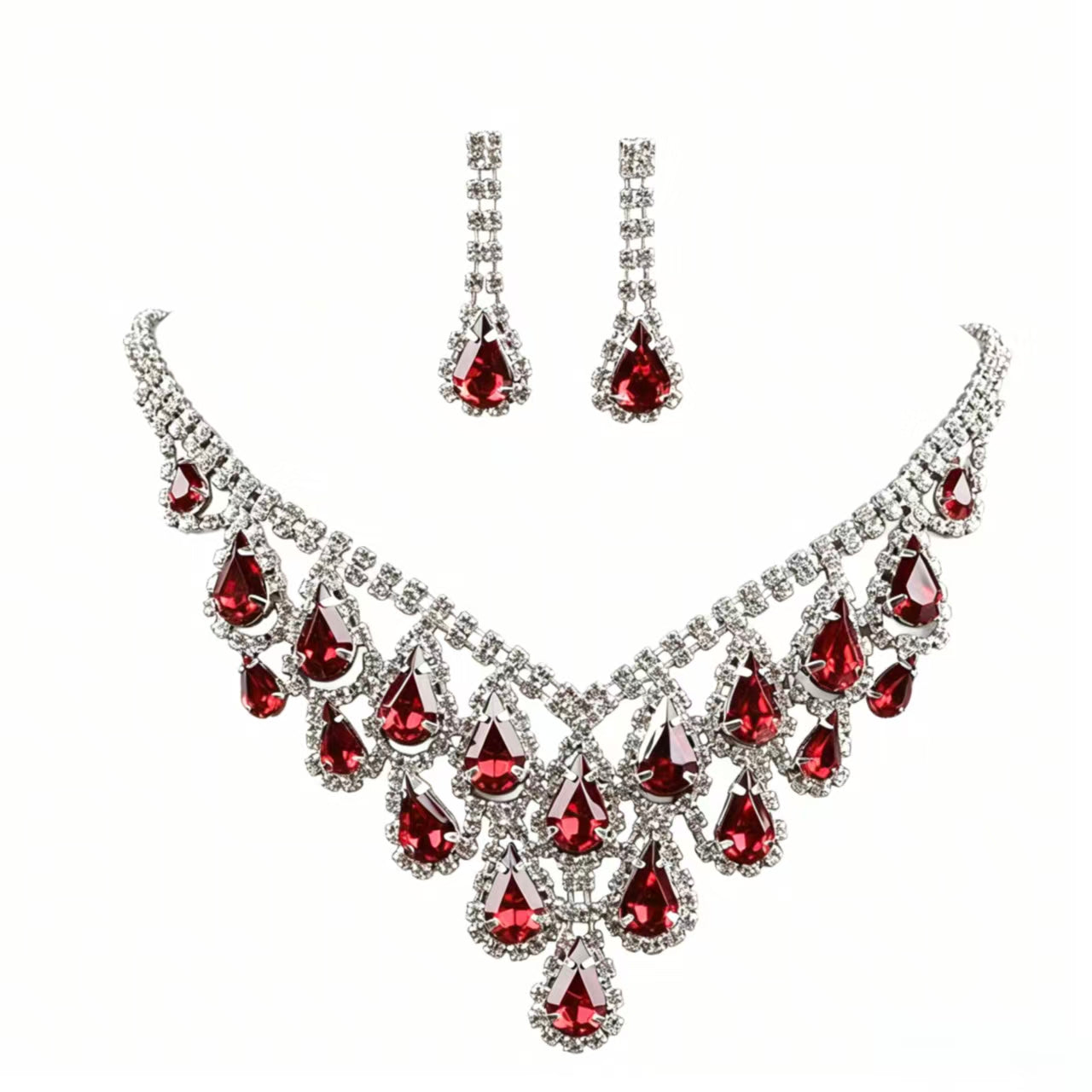 Women Luxury Red Teardrop Crystal Rhinestone Jewelry Set, Sparkling Statement Bib Necklace Long Drop Dangle Earrings for Wedding Bridal Prom Evening Party Pageant Gala Formal Occasions