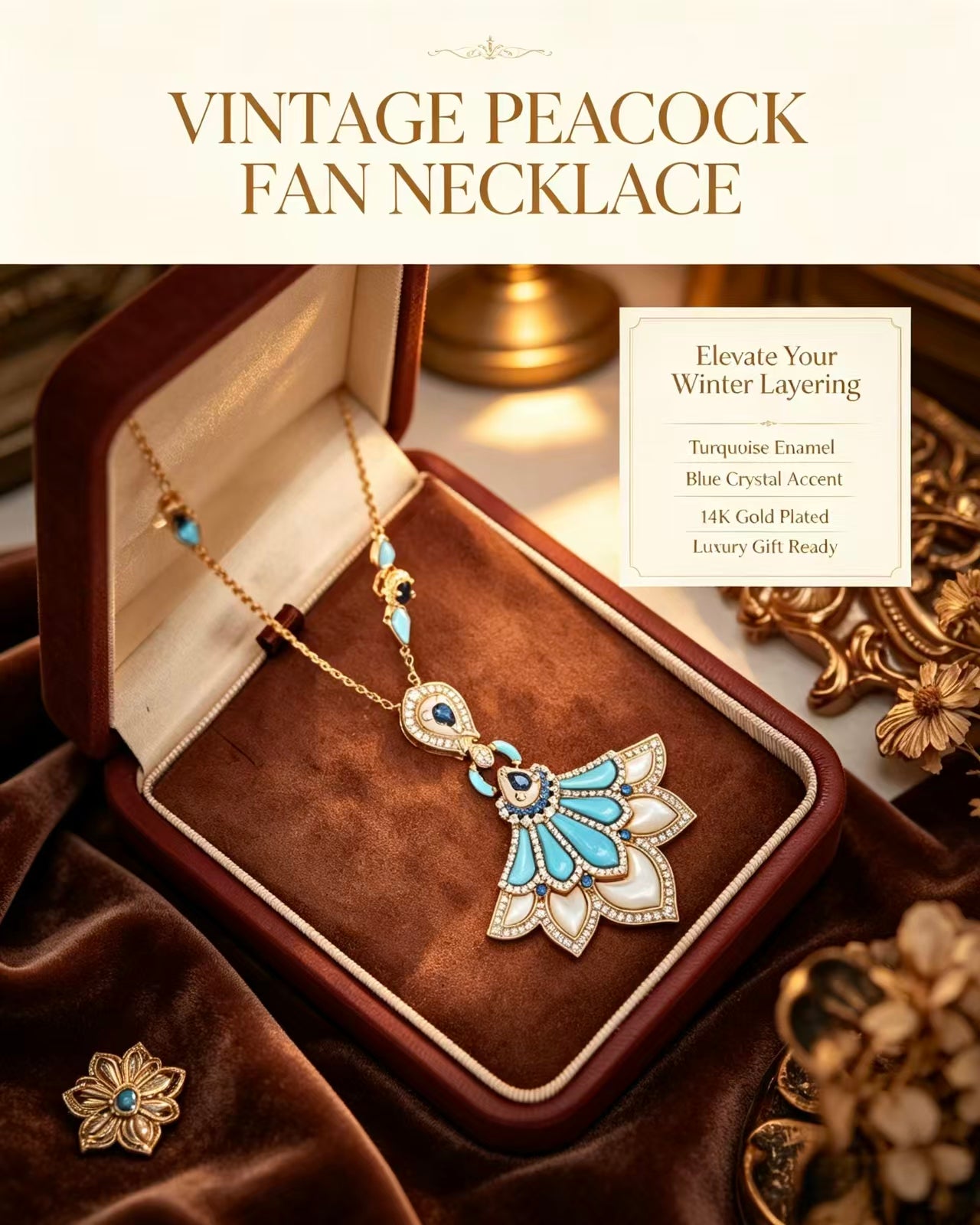Luxury Retro Peacock Fan Shape Long Sweater Chain 14K Gold Plated Inlaid Natural Turquoise White Mother Of Pearl & Blue Gemstone Diamond Statement Pendant Elegant Women Long Necklace For Autumn Winter Outfit